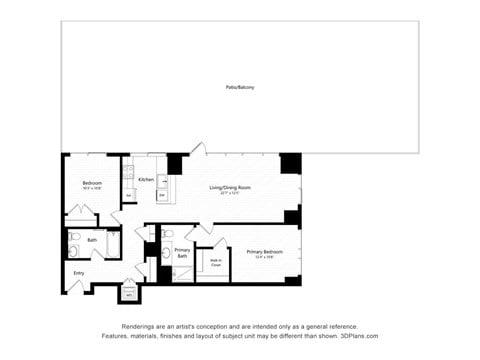 Floor plan for 2 beds, 2 baths, 1033 sqft